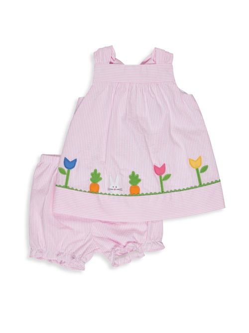 Florence Eiseman Girl's Striped Seersucker Applique Striped Dress & Bloomers Set Pink carrots bunnies rabbits easter dresses for baby girls 2017 style