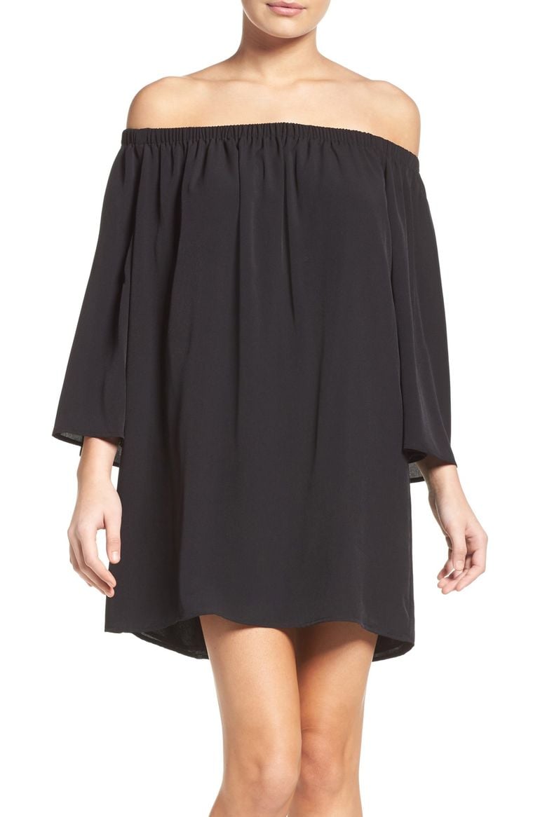 French Connection Polly Off the Shoulder Dress Black bell sleeve dresses 