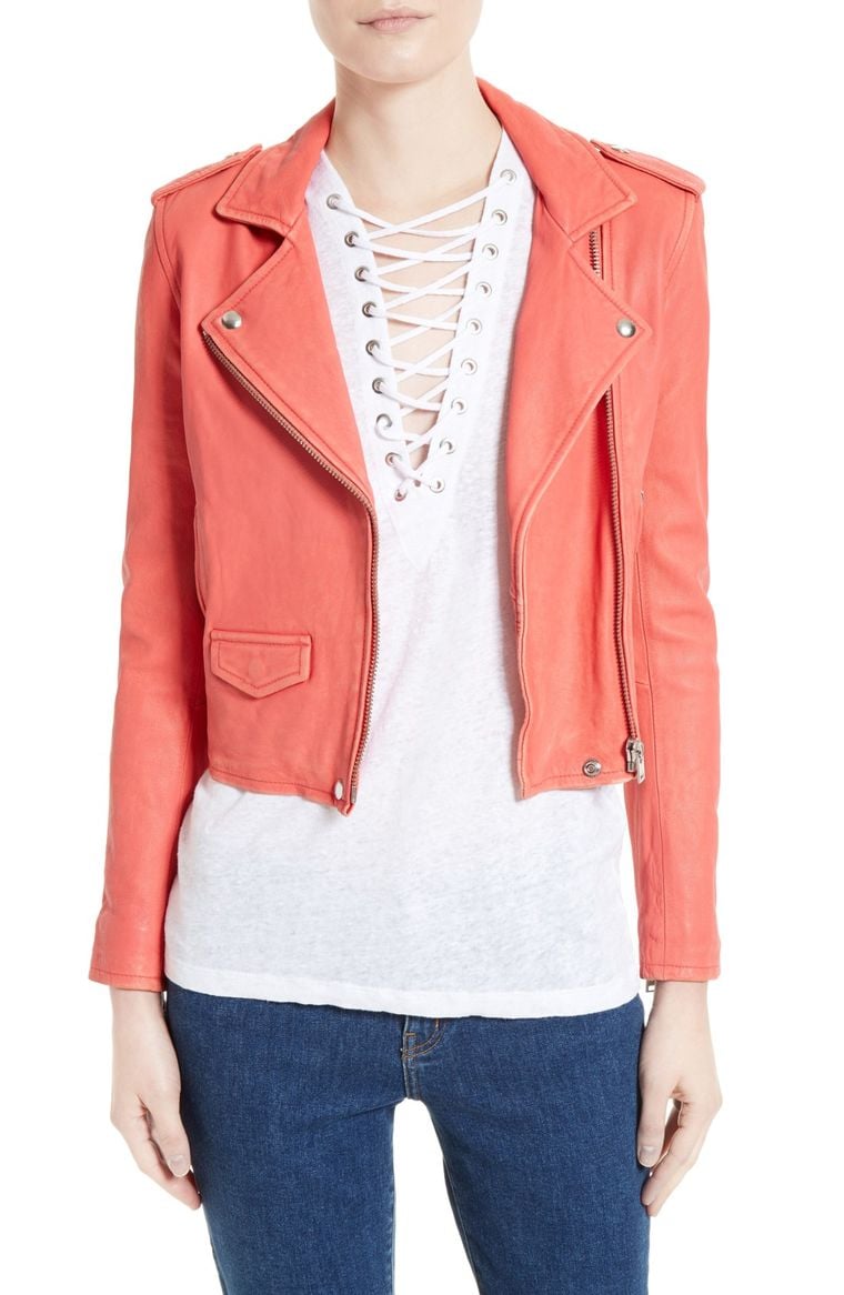 IRO 'Ashville' Lambskin Leather Moto Jacket Coral Pink leather moto jackets winter spring 2017