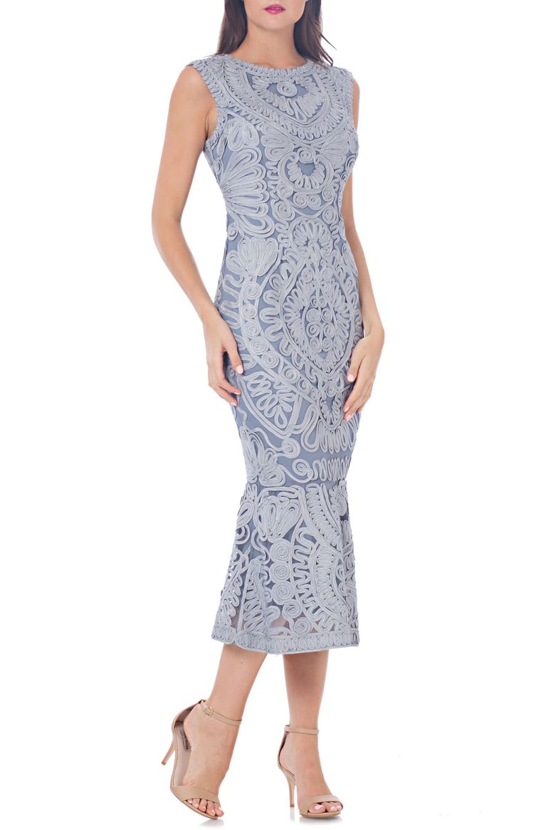 JS Collections Soutache Overlay Gown Celestial Blue lace midi dresses spring