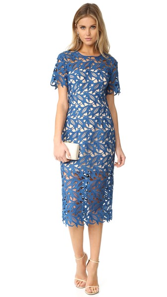 Keepsake The Moment Lace Dress Marine Blue lace midi dresses