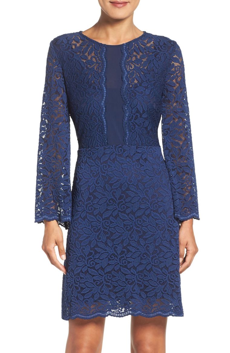 Laundry by Shelli Segal Stretch Lace A-Line Dress Midnight Blue lace sheath dresses spring wedding guest season
