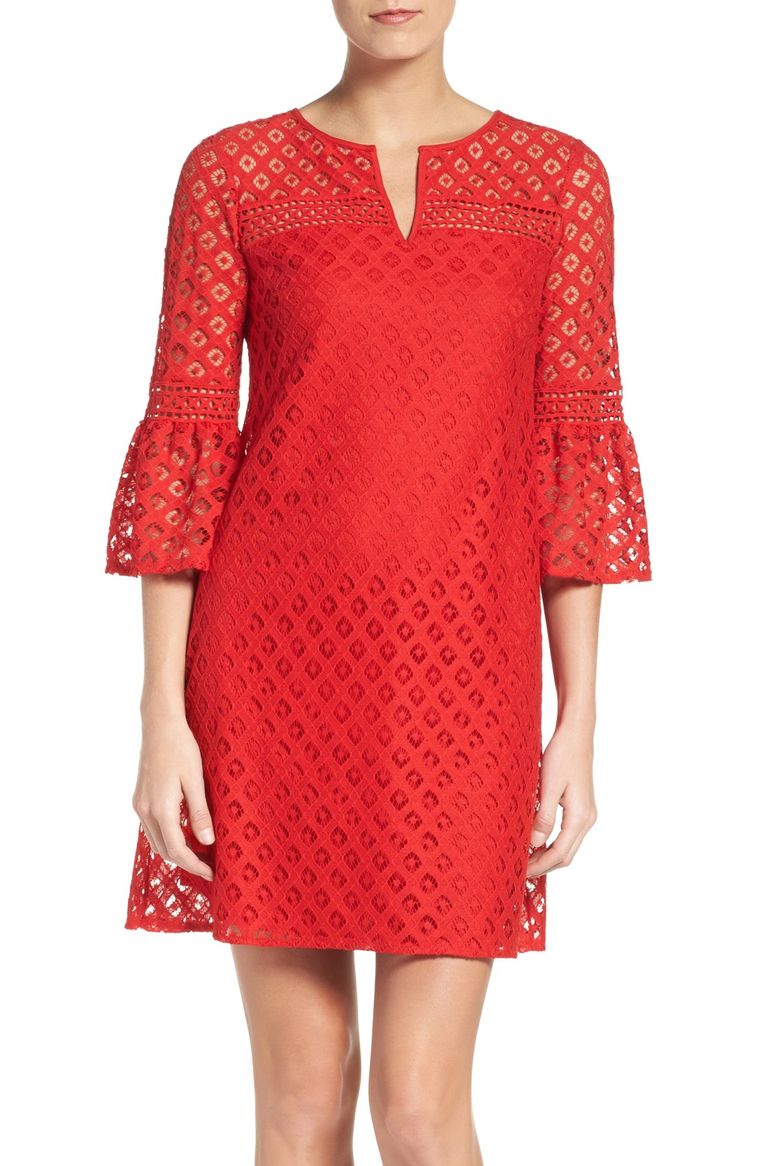 London Times Lace Babydoll Dress Bell Sleeves Red