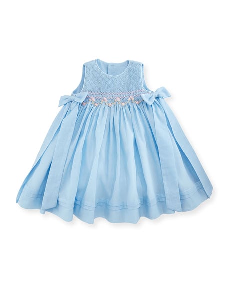 Luli & Me Sleeveless Floral-Trim Smocked Dress w/ Bows, Blue, Size 12-24 Months Blue easter dresses for baby girls 2017 