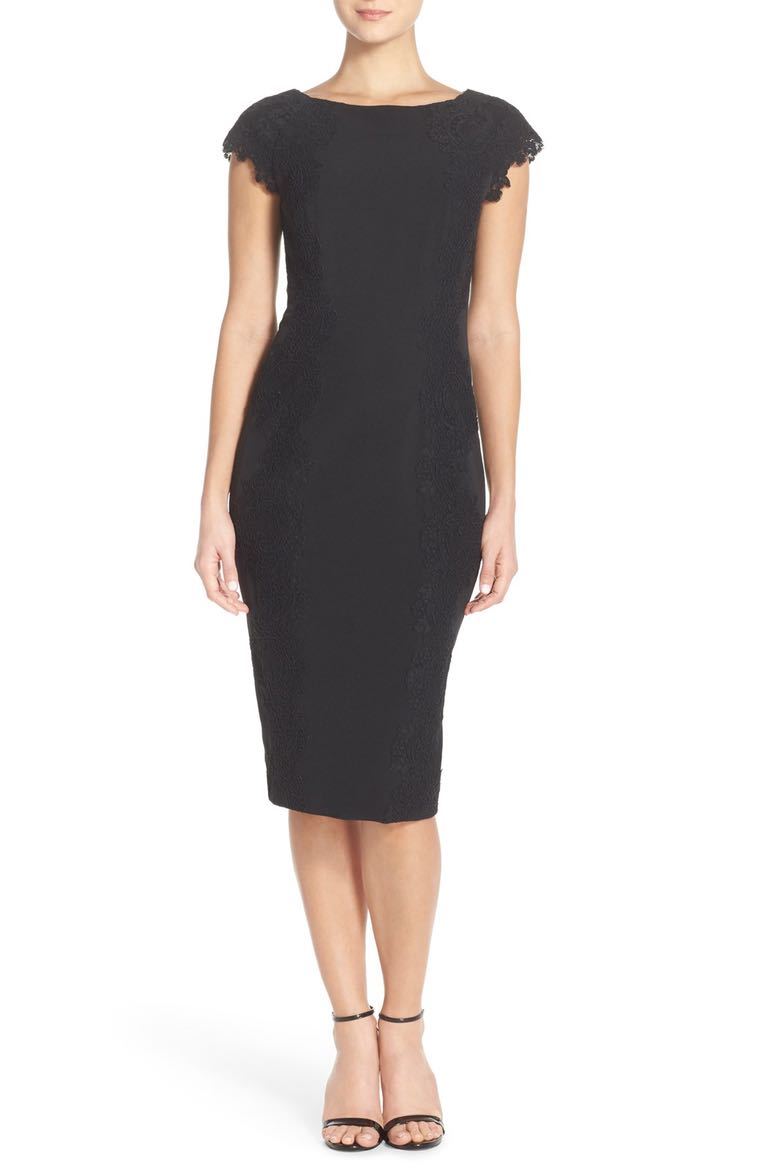 Maggy London Lace Detail Crepe Sheath Dress (Regular & Petite) Black lace sheath dresses spring wedding guest season