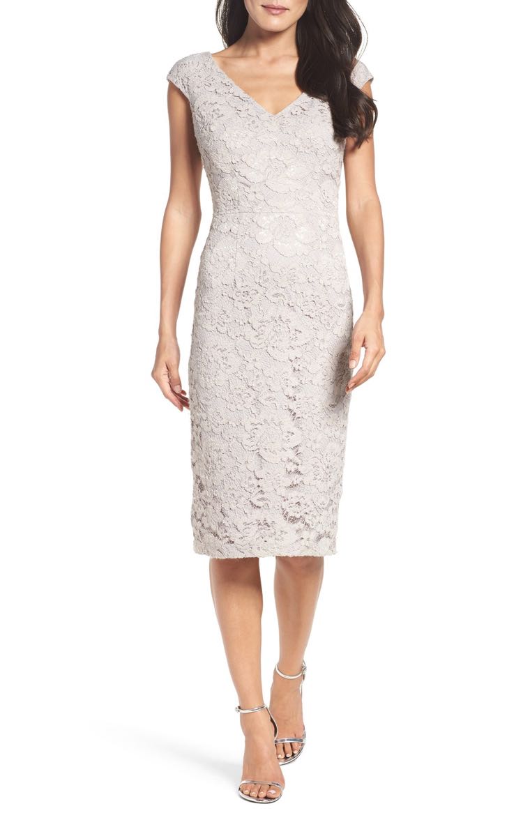 Maggy London Lace Sheath Dress Taupe lace sheath dresses for spring wedding guest season