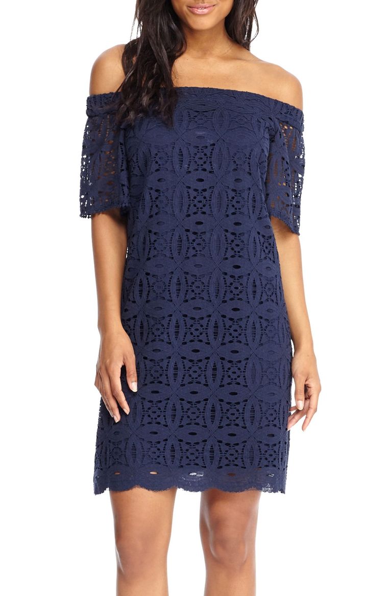 Maggy London Off the Shoulder Dress (Regular & Petite) Navy Blue lace sheath dresses spring wedding guest season