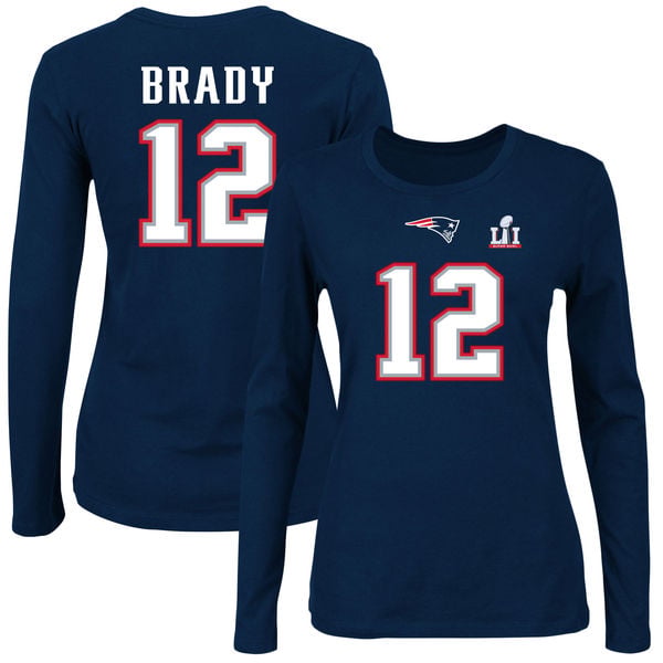 Majestic Tom Brady New England Patriots Women's Navy Super Bowl LI Bound Fair Catch Patch Name & Number Long Sleeve T-Shirt new england patriots super bowl li champions