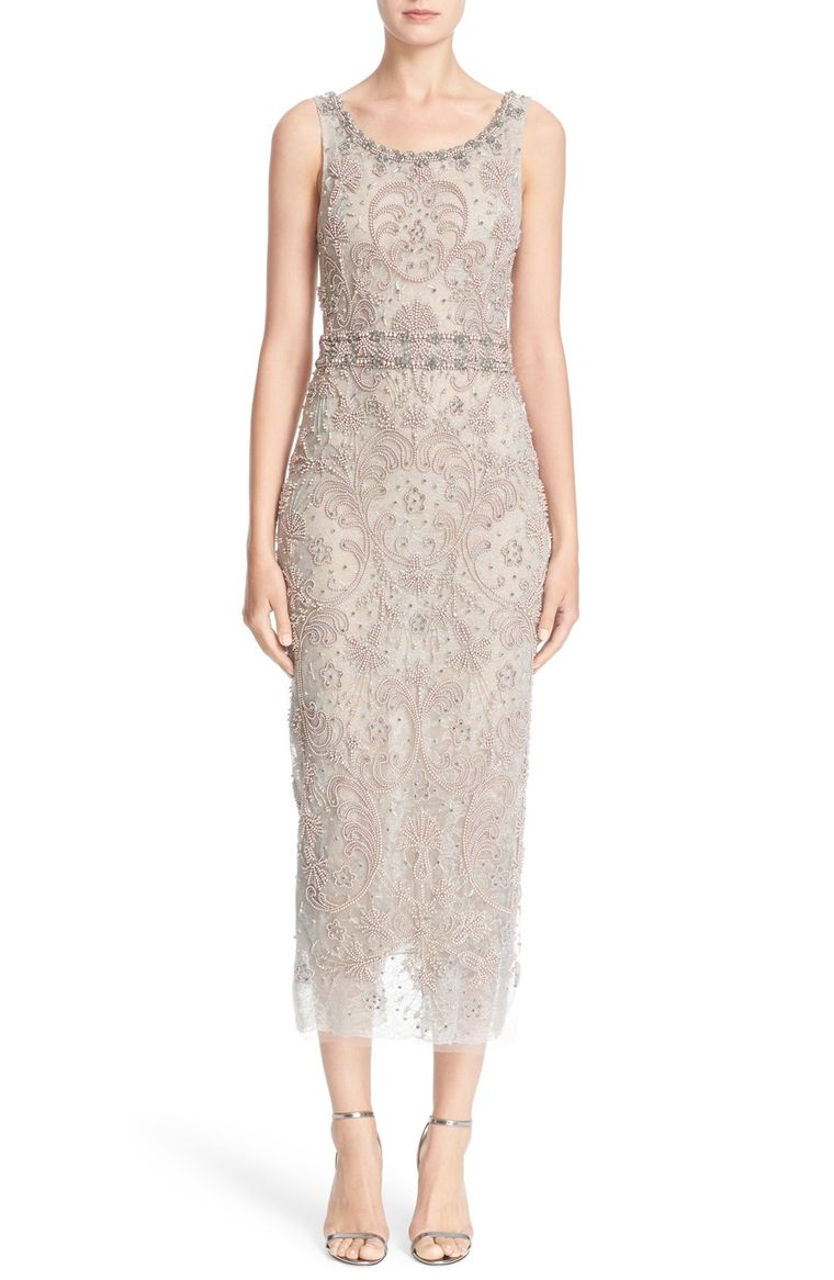 Marchesa Embellished Sleeveless Column Dress Grey lace sheath dresses spring wedding guest season