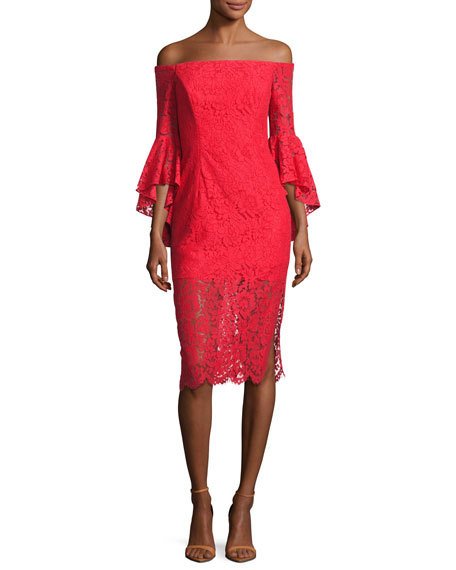 Milly Selena Off-the-Shoulder Lace Cocktail Dress Red  lace sheath dresses spring wedding guest season