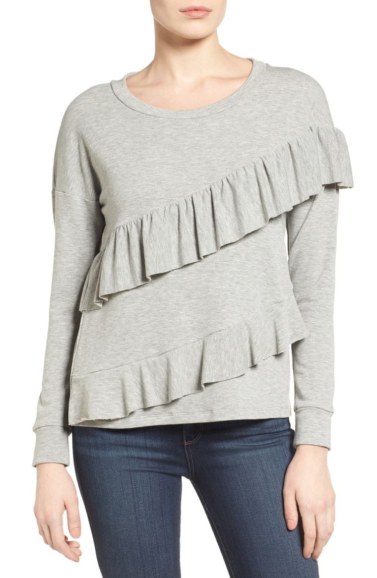 Pleione French Terry Ruffle Sweatshirt (Regular & Petite) Heather Grey Nordstrom winter sale