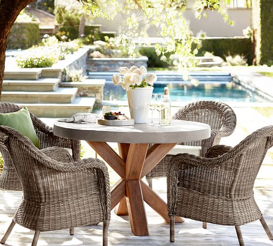Pottery Barn ABBOTT ROUND DINING TABLE & TORREY ROLL-ARM CHAIR SET - NATURAL pottery barn outdoor furniture sale
