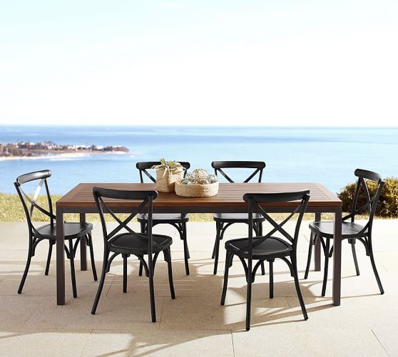 Pottery Barn CARMEN TEAK RECTANGULAR DINING TABLE & X-BACK BISTRO CHAIR SET pottery barn outdoor furniture sale