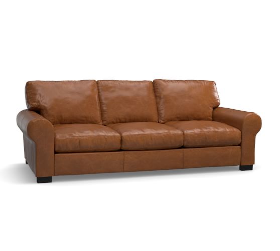 Pottery Barn TURNER LEATHER FURNITURE (Sleeper Sofa, Loveseat, Sofa, Ottoman, Small Armchair, Grand Armchair) Leather Vintage Caramel Leather Burnished Walnut pottery barn presidents day premier event sale 