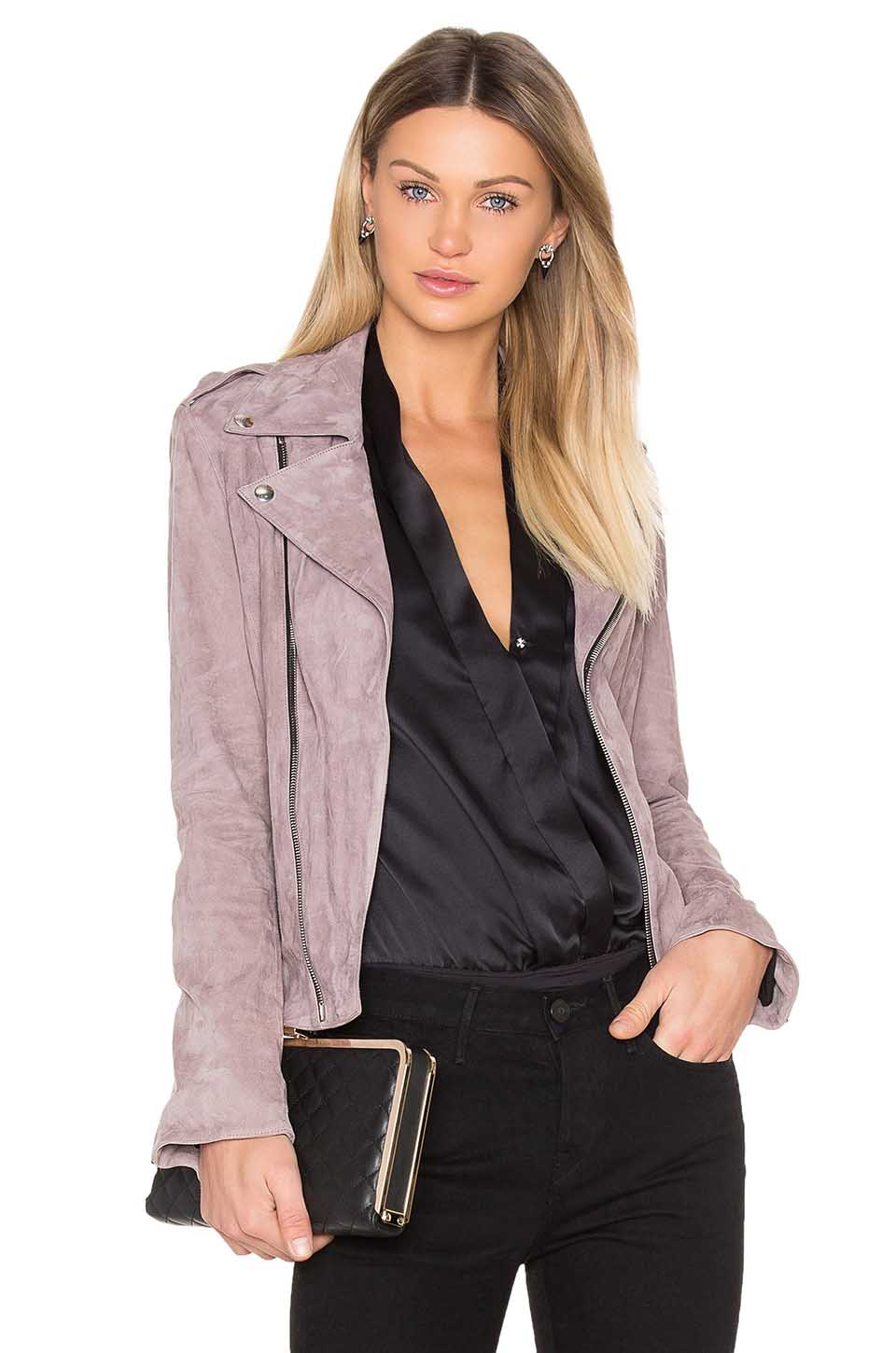 RTA NICO SUEDE MOTO JACKET Pink Stone suede moto jackets spring 2017