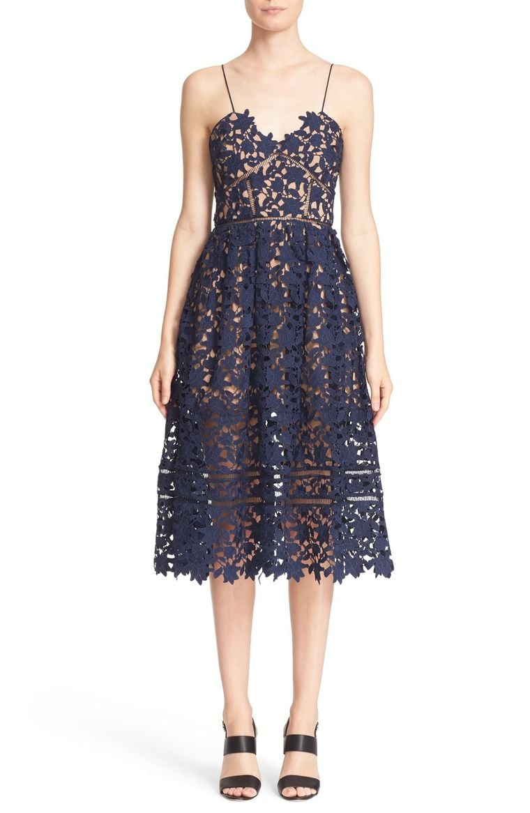 SELF-PORTRAIT 'Azaelea' Lace Fit & Flare Dress Navy Blue lace midi dresses 