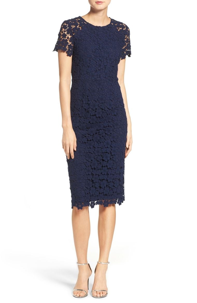 Shoshanna Beaux Lace Midi Dress Navy Blue lace sheath dresses spring wedding guest dresses