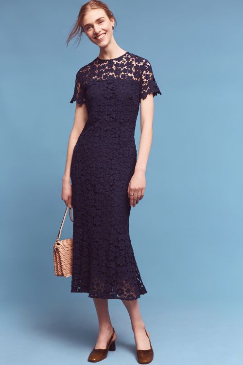 Shoshanna Midnight Lace Midi Dress Navy Blue lace sheath dresses spring wedding guest season