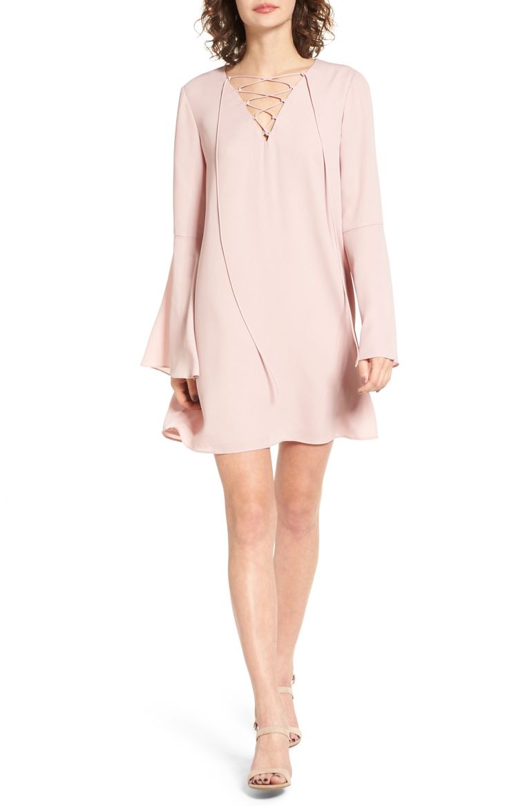 Soprano Lace-Up Shift Dress Blush Pink bell sleeve dresses