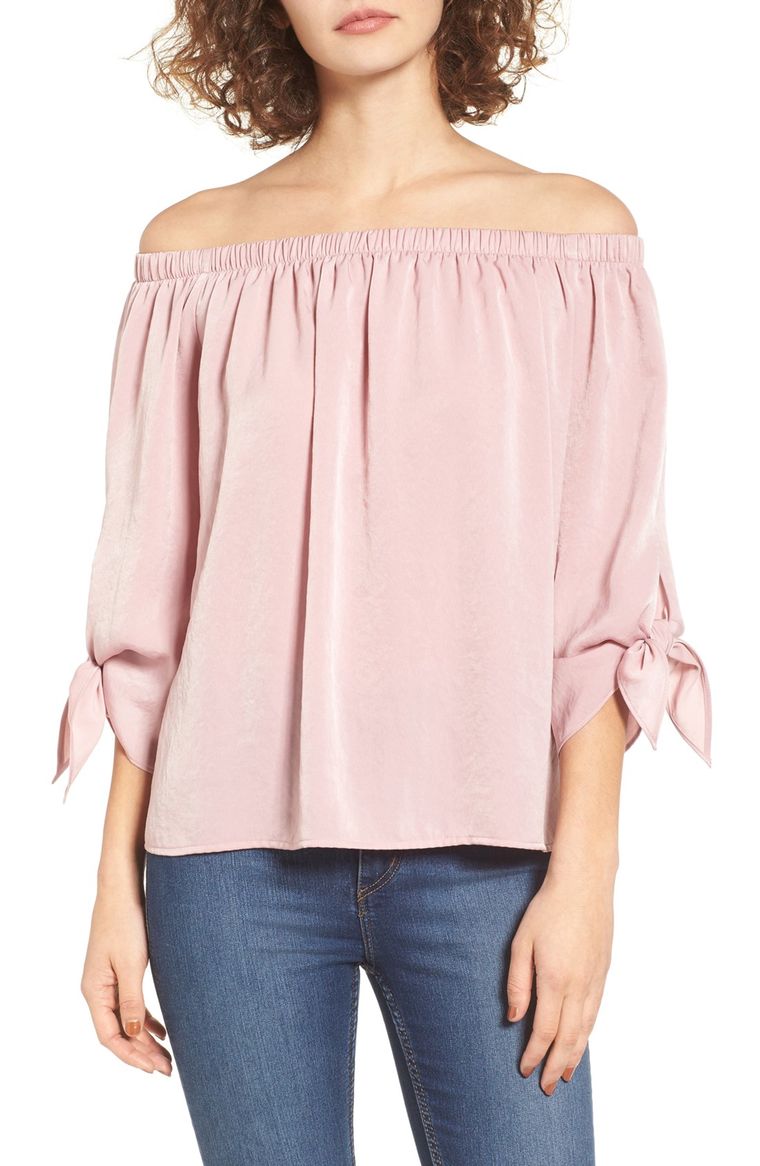 Soprano Tie Sleeve Off the Shoulder Top Blush 2017 Nordstrom winter sale