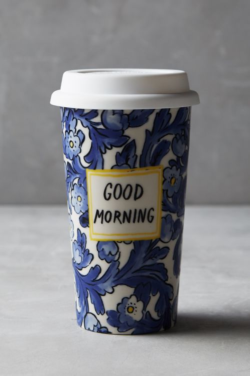 Sweet Salutation Good Morning Travel Mug Blue Motif anthropologie presidents day sale