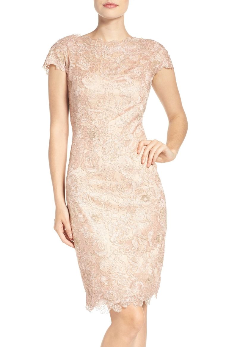 Tadashi Shoji Embroidered Mesh Sheath Dress (Regular & Petite) Petal Gold lace sheath dresses spring wedding guest season