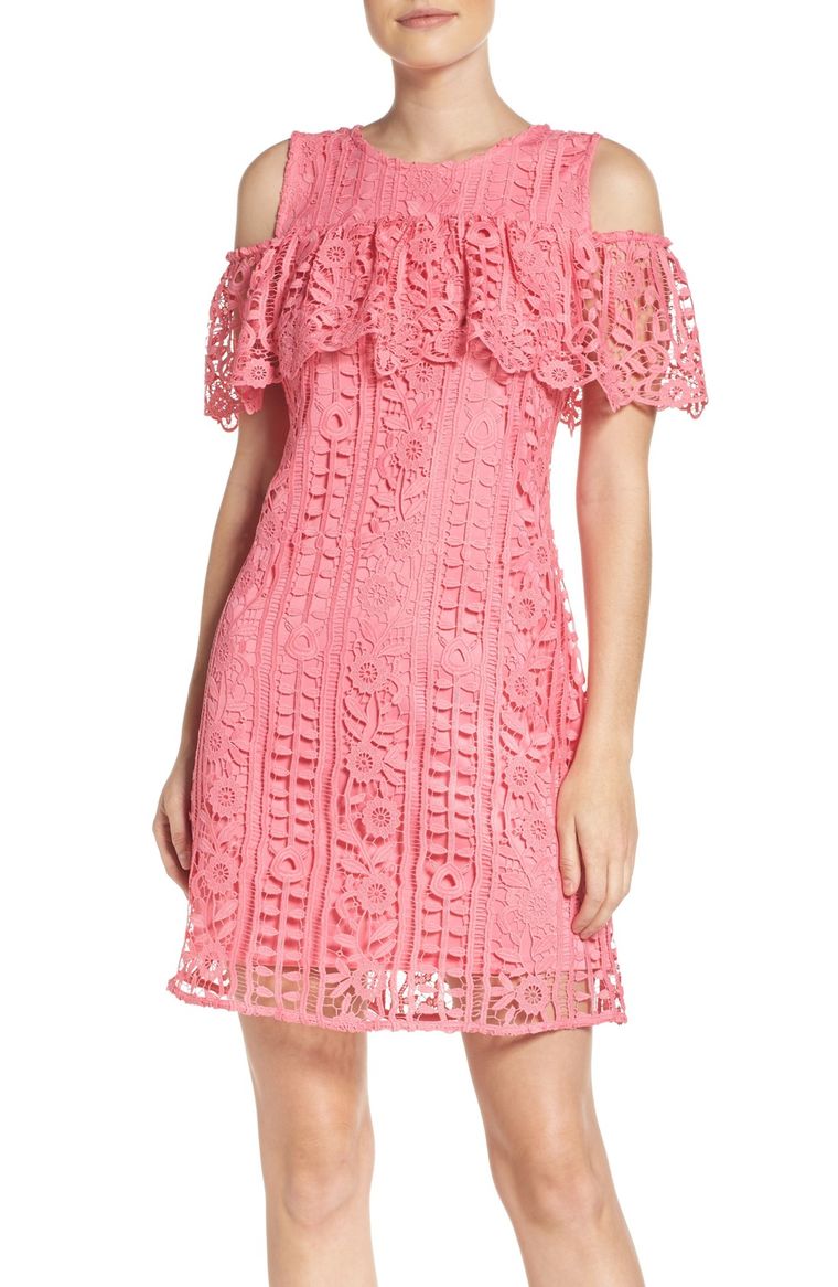 Taylor Dresses Ruffle Lace Sheath Dress Watermelon lace sheath dresses spring wedding guest