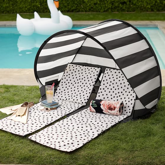 The Emily & Meritt Beach Lounger and Sun Shade Tent Black White Stripes Polka Dots Pottery Barn Teen Emily & Meritt Collection
