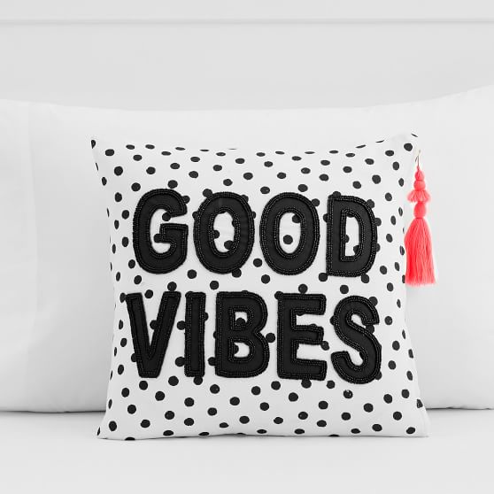 The Emily & Meritt Good Vibes Polka-Dotted Tassel Pillow Cover emily & meritt collection for pottery barn teen