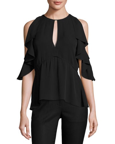 Theory Desiraya Cold-Shoulder Classic Georgette Top Black peplum tops spring 2017