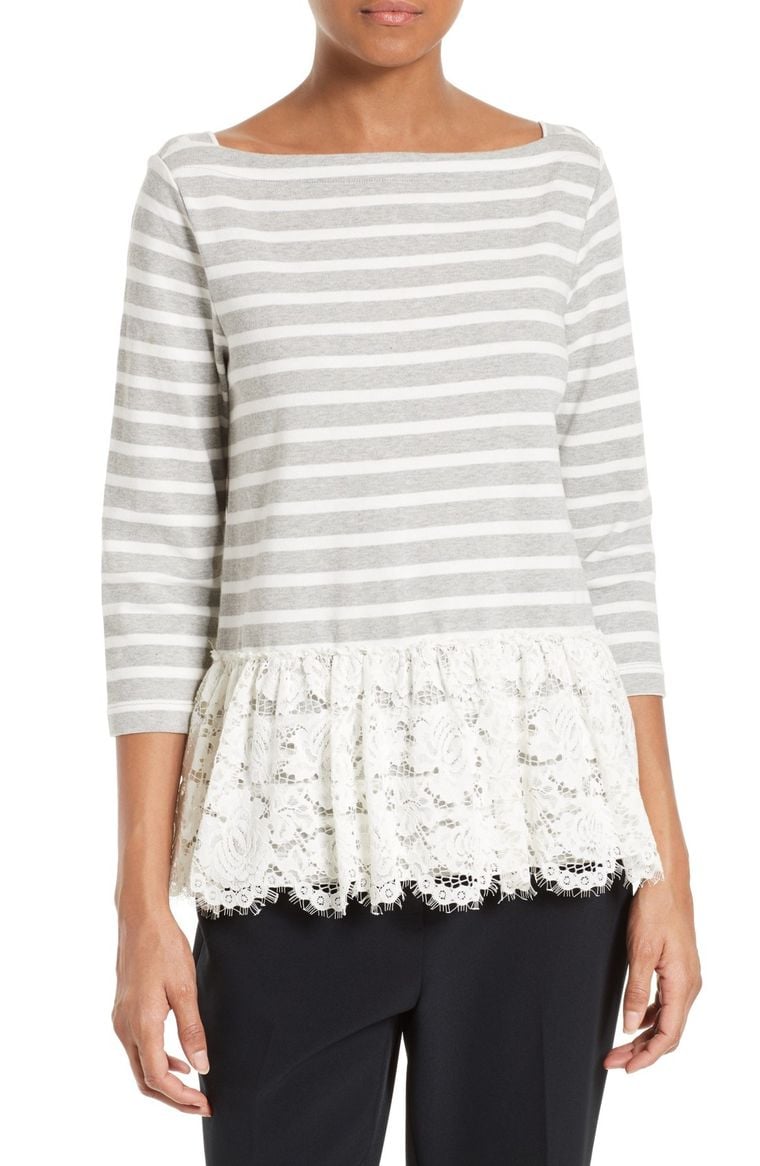 kate spade new york stripe & lace flounce top grey melange cream peplum tops for spring 2017