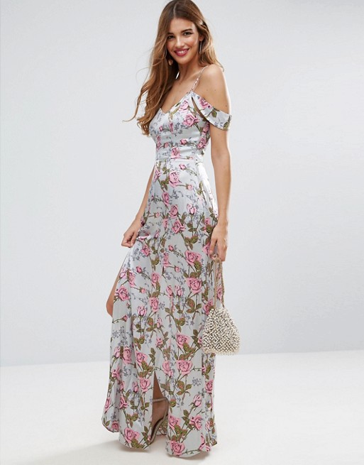 ASOS Rose Floral Cold Shoulder Satin Maxi Dress