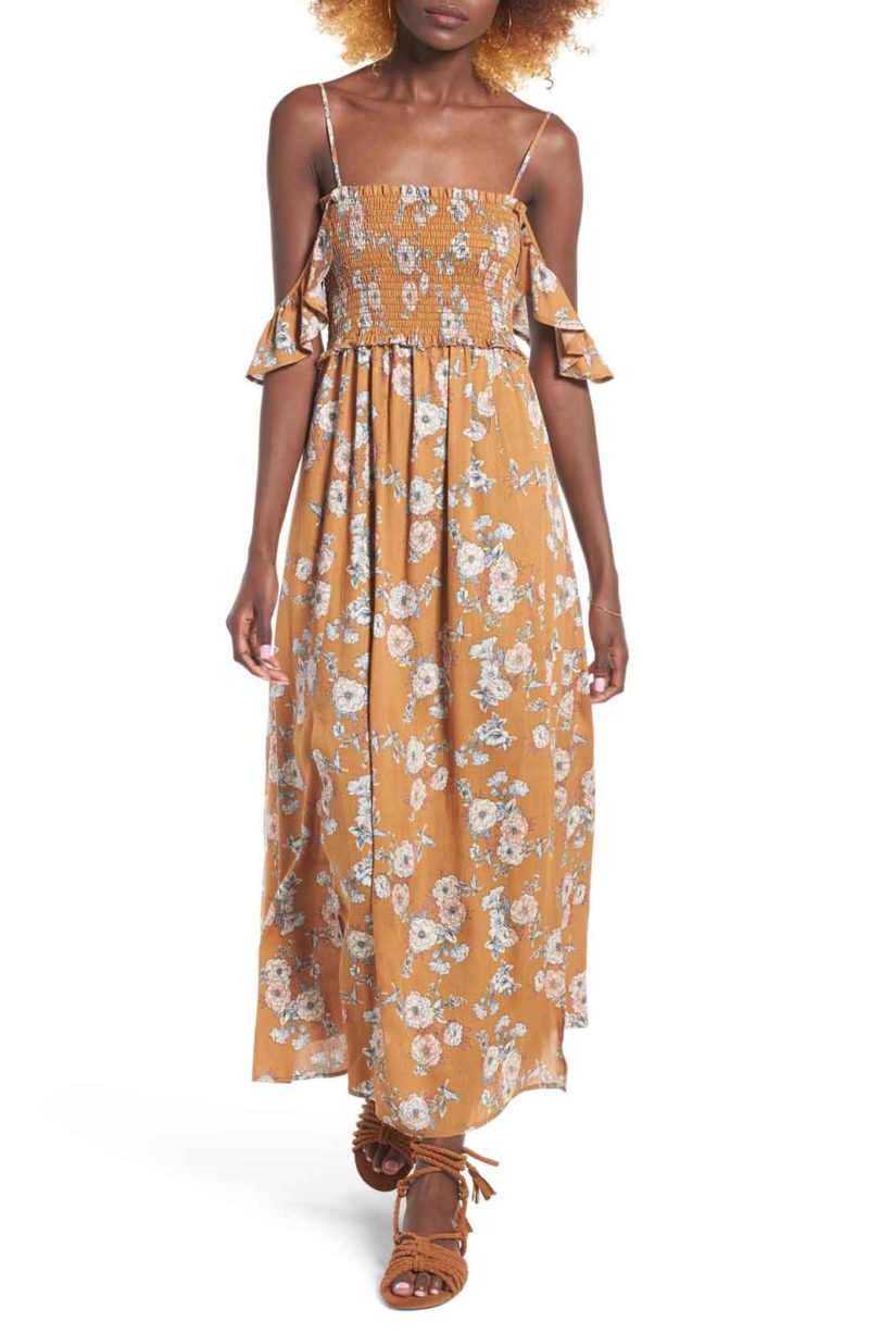 ASTR THE LABEL Gauze Maxi Dress Mustard Floral Print cold shoulder maxi dresses spring 2017