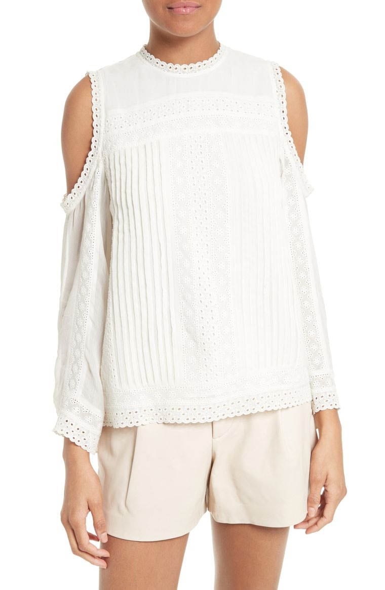 Alice + Olivia Ofelia Eyelet Embroidered Cold Shoulder Blouse Off White eyelet tops for spring 2017