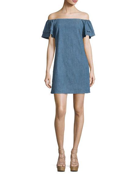 Alice + Olivia Tula Off-the-Shoulder Chambray Shift Dress, Blue neiman marcus sale