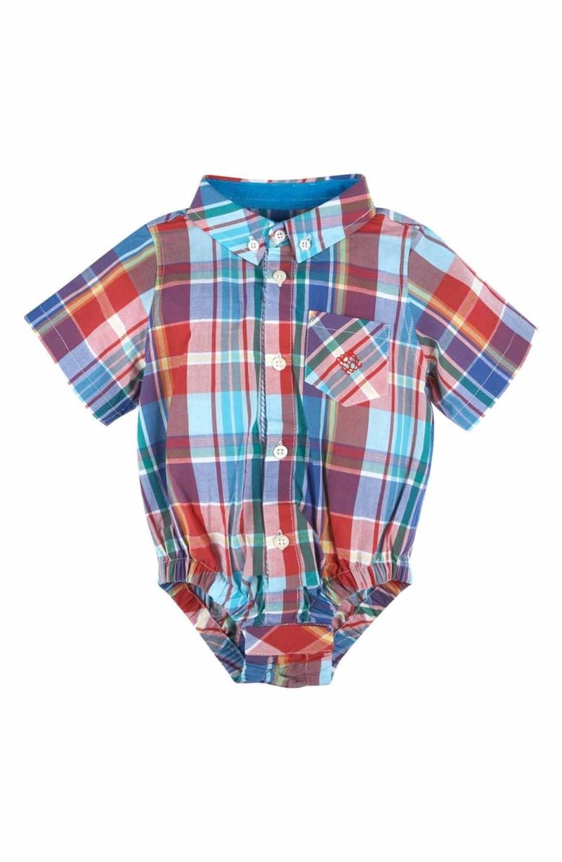 Andy & Evan Madras Plaid Button Down Bodysuit Red easter outfits of baby boys