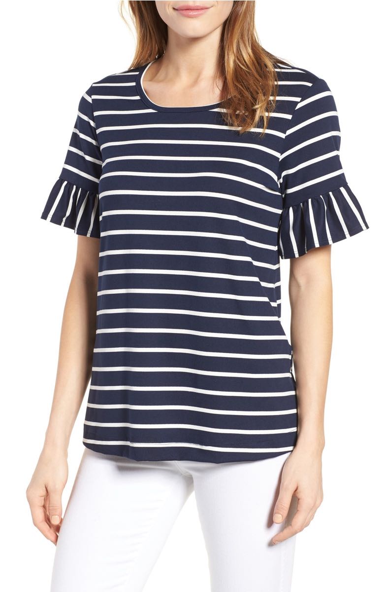 BOBEAU Bell Sleeve Tee Ruffles Navy Blue White Stripe bell sleeve tops spring 2017