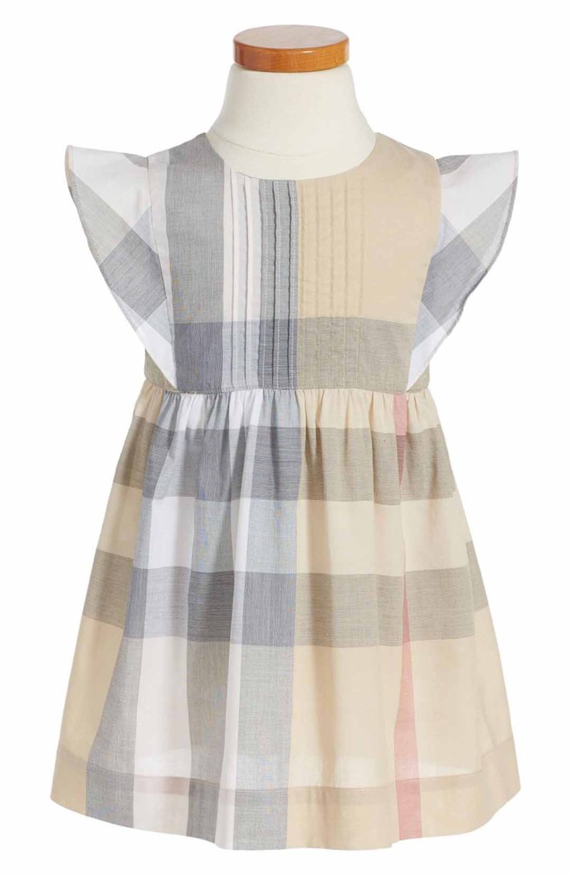 BURBERRY Gertrude Check Dress Flutter Sleeves Pale Stone Check Little Girls easter dresses for little girls