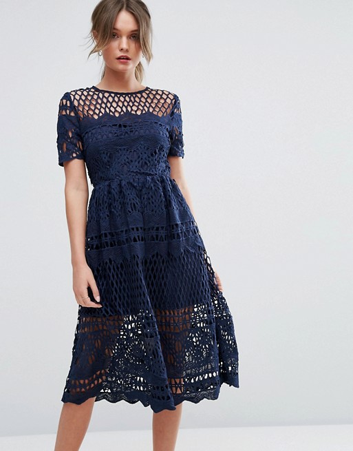 Boohoo Corded Lace Paneled Skater Dress Navy Blue skater dresses spring 2017 trend