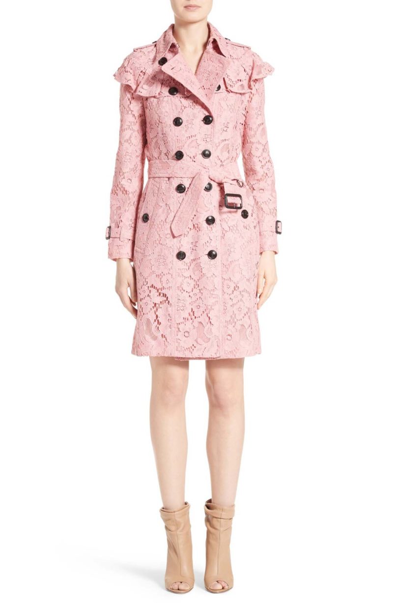 Burberry Stanhill Ruffle Lace Trench Coat Antique Rose trench coats spring 2017 trend