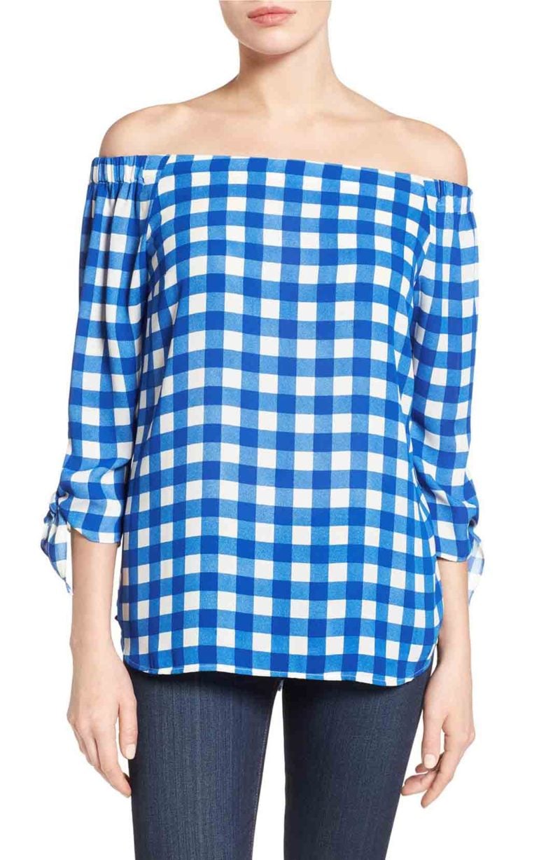 CECE Off the Shoulder Check Blouse Deep Cobalt Gingham tops spring 2017 trend