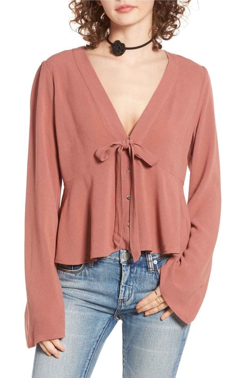 CHLOE & KATIE Tie Front Blouse Bell Sleeves Blush Pink bell sleeve tops under $50 for spring 2017
