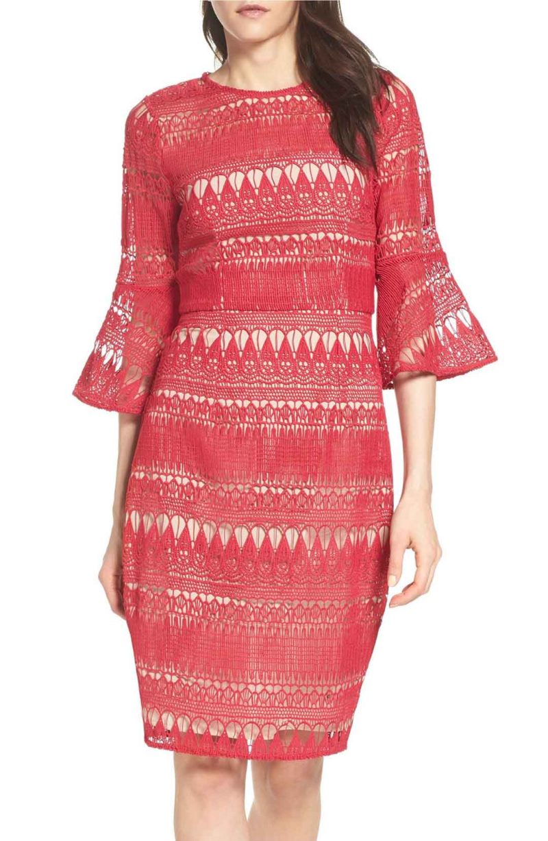 COOPER ST Decadent Lace Dress Bell Sleeves Raspberry lace shift dresses spring wedding guest