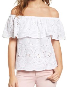 CUPCAKES AND CASHMERE Davy Off the Shoulder Eyelet Top White eyelet tops for spring 2017