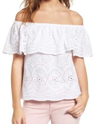 CUPCAKES AND CASHMERE Davy Off the Shoulder Eyelet Top White eyelet tops for spring 2017