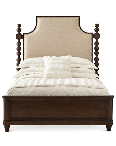 Calhoun Queen Bed Dark Brown Fabric Headboard Hardwood Frame Horchow friends and family sale