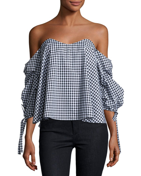 Caroline Constas Gabriella Off-The-Shoulder Gingham Bustier Top Black/White gingham tops spring 2017