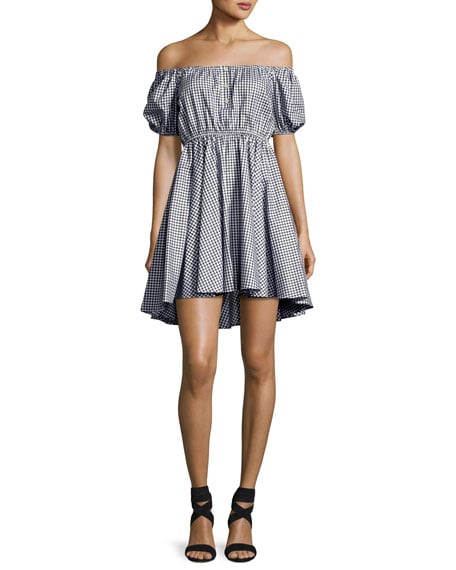 Caroline Constas Gingham Off-the-Shoulder Bardot Dress Navy/White high low hem dresses spring 2017