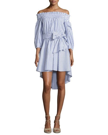 Caroline Constas Lou Off-The-Shoulder Striped Dress Blue Pattern high low hem dresses spring 2017
