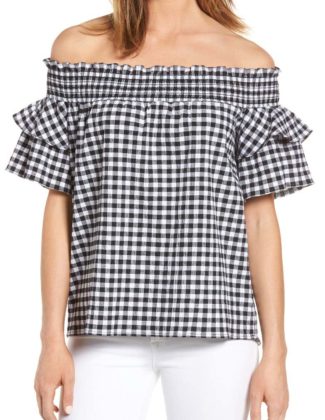 Caslon Off the Shoulder Ruffle Sleeve Top Black White Gingham tops spring summer 2017
